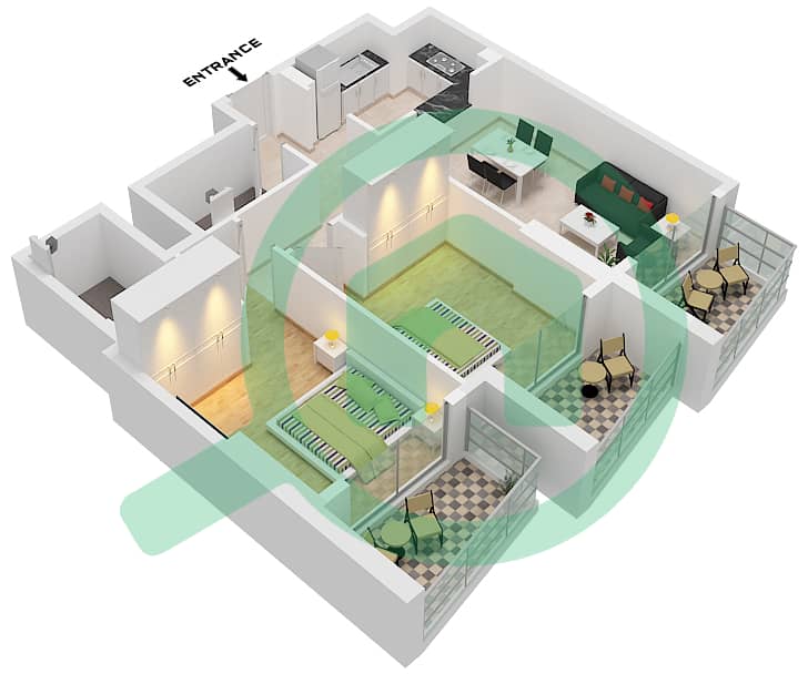 Binghatti Jasmine - 2 Bedroom Apartment Type B Floor plan interactive3D