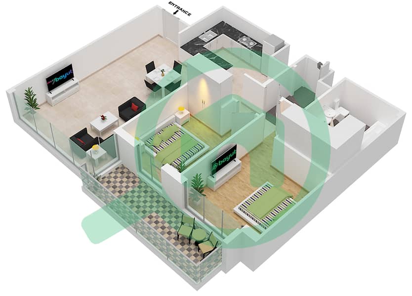 المخططات الطابقية لتصميم النموذج / الوحدة B-UNIT-2-FLOOR 6 شقة 2 غرفة نوم - 5242 برج 2 interactive3D