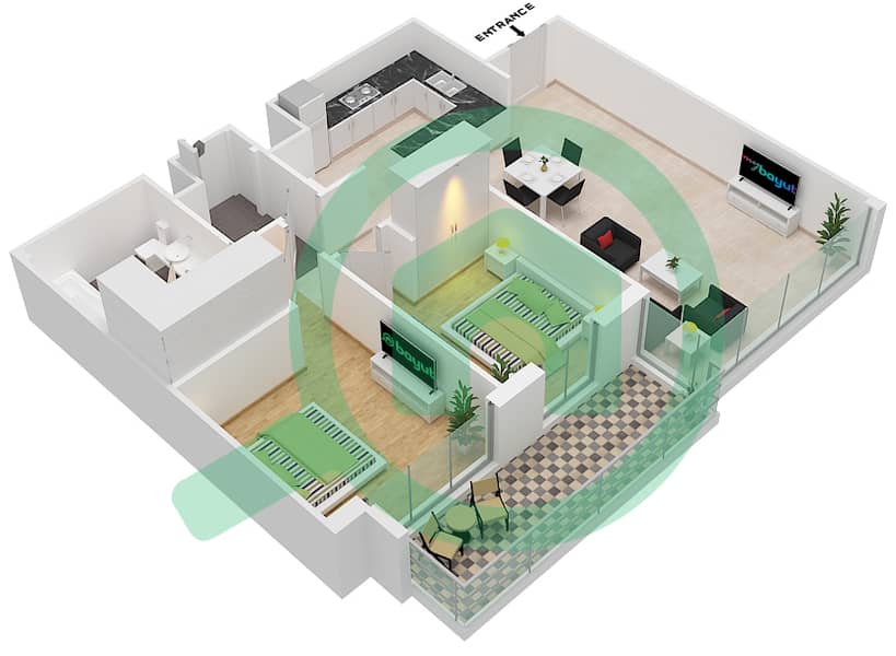 المخططات الطابقية لتصميم النموذج / الوحدة B-UNIT-5-FLOOR 8 شقة 2 غرفة نوم - 5242 برج 2 interactive3D