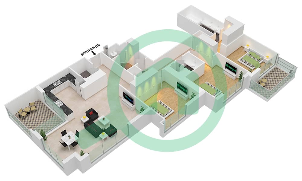 المخططات الطابقية لتصميم النموذج / الوحدة A-UNIT-1-FLOOR 22-32 شقة 3 غرف نوم - 5242 برج 2 interactive3D