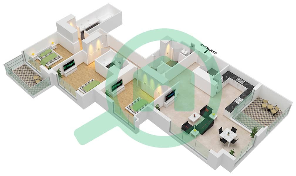 المخططات الطابقية لتصميم النموذج / الوحدة B-UNIT-2-FLOOR 22-32 شقة 3 غرف نوم - 5242 برج 2 interactive3D