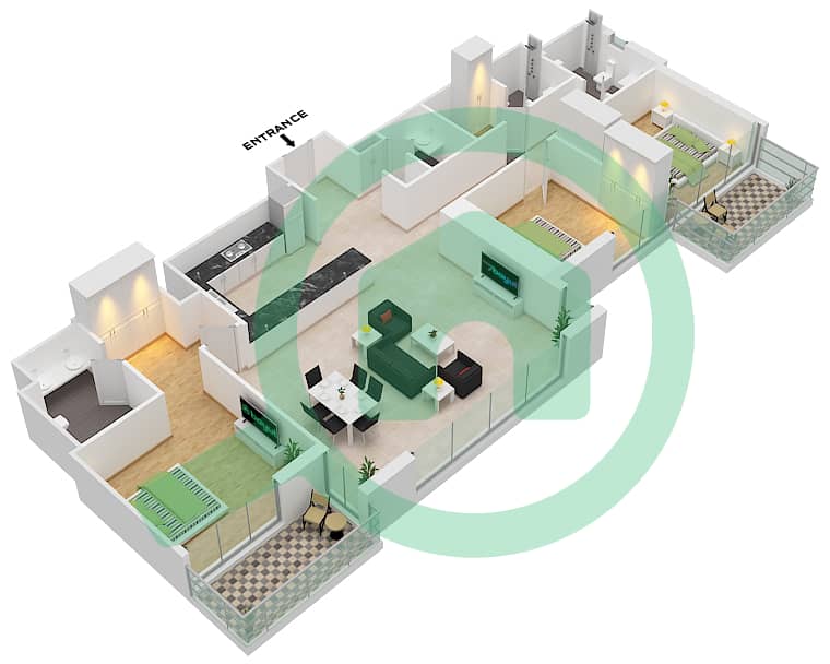 المخططات الطابقية لتصميم النموذج / الوحدة C-UNIT-3,4-FLOOR 22-32 شقة 3 غرف نوم - 5242 برج 2 interactive3D