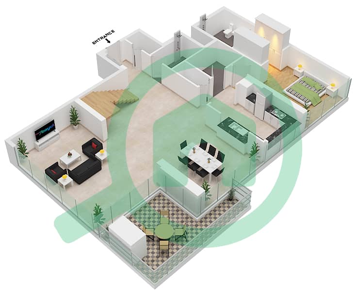 1 Residences - 3 Bedroom Apartment Type A-D1 Floor plan Lower Floor interactive3D