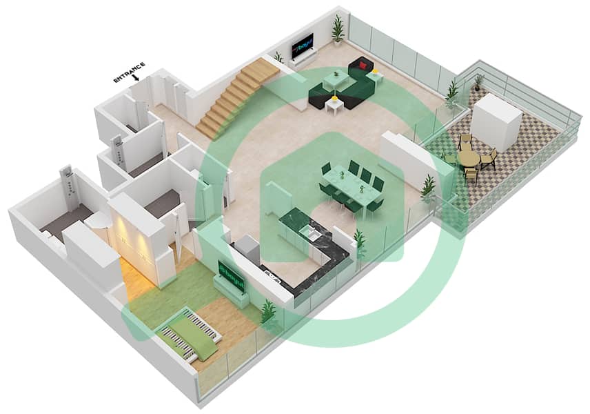 1 Residences - 3 Bedroom Apartment Type A-D2 Floor plan Lower Floor interactive3D