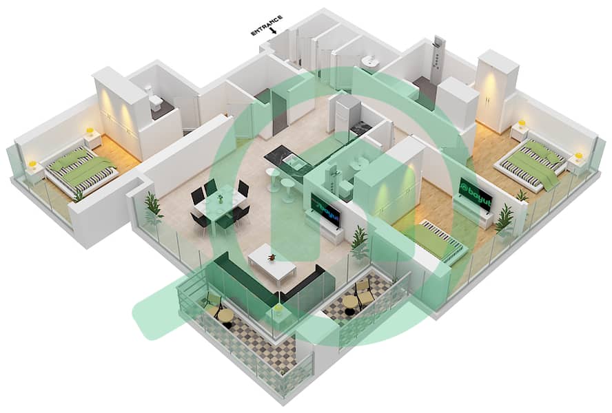 1 Residences - 3 Bedroom Apartment Type A-1 Floor plan interactive3D