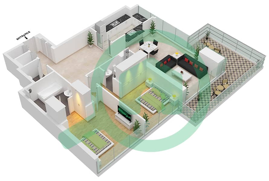 1 Residences - 2 Bedroom Apartment Type A-2 Floor plan interactive3D