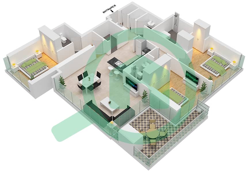 1 Residences - 3 Bedroom Apartment Type A-2 Floor plan interactive3D