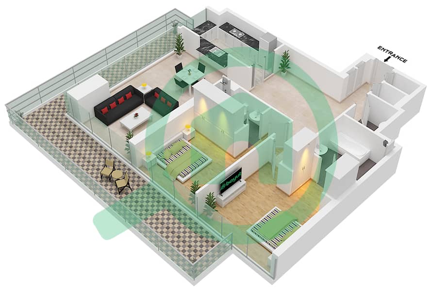 1 Residences - 2 Bedroom Apartment Type A-3 Floor plan interactive3D