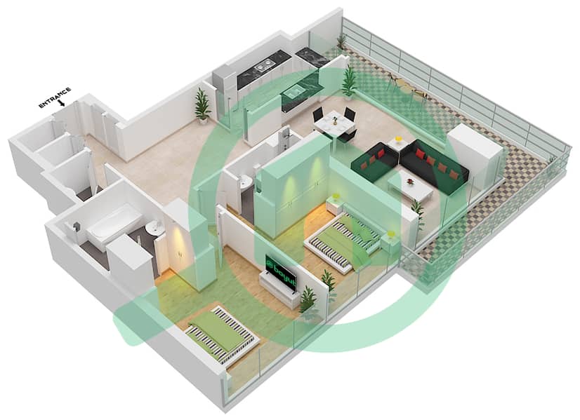 1 Residences - 2 Bedroom Apartment Type A-4 Floor plan interactive3D