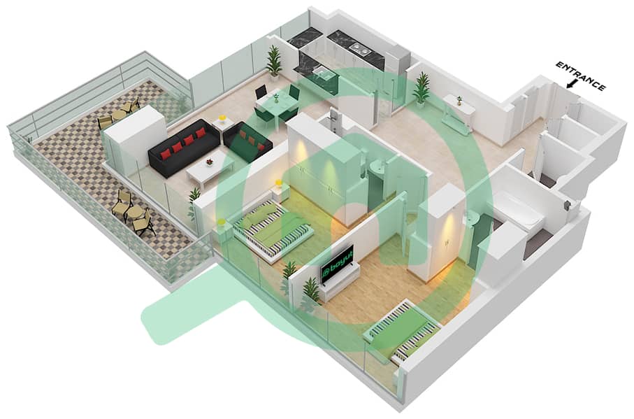 1 Residences - 2 Bedroom Apartment Type A-5 Floor plan interactive3D
