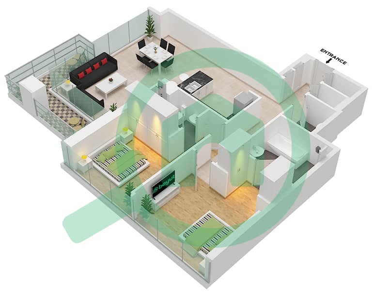 1 Residences - 2 Bedroom Apartment Type B-1 Floor plan interactive3D
