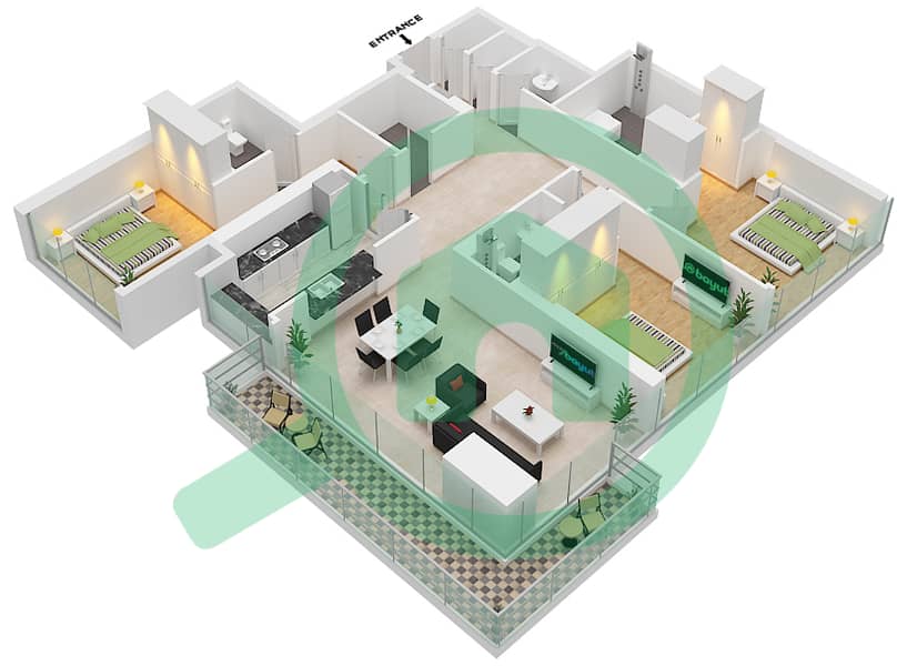 1 Residences - 3 Bedroom Apartment Type B-1 Floor plan interactive3D