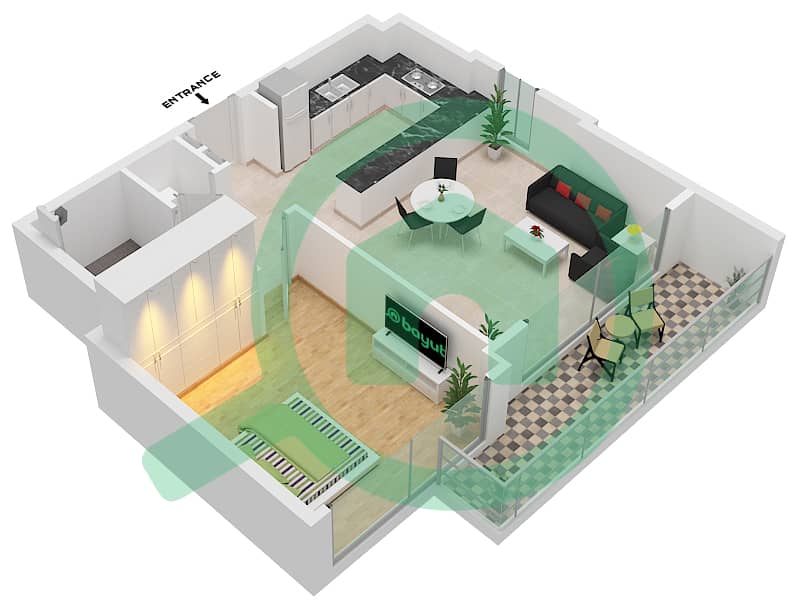 المخططات الطابقية لتصميم النموذج 2 شقة 1 غرفة نوم - عزيزي العنبر Floor 1-8 interactive3D