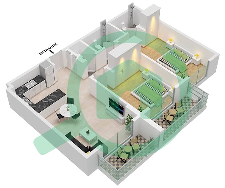 المخططات الطابقية لتصميم النموذج 3 شقة 2 غرفة نوم - عزيزي العنبر Floor 1-8 interactive3D