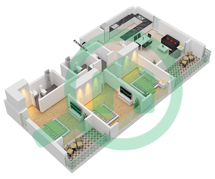 Азизи Амбер - Апартамент 3 Cпальни планировка Тип 2 Floor 1-8 interactive3D