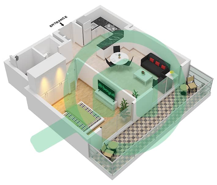 المخططات الطابقية لتصميم النموذج 1 شقة 1 غرفة نوم - عزيزي العنبر Ist Floor interactive3D