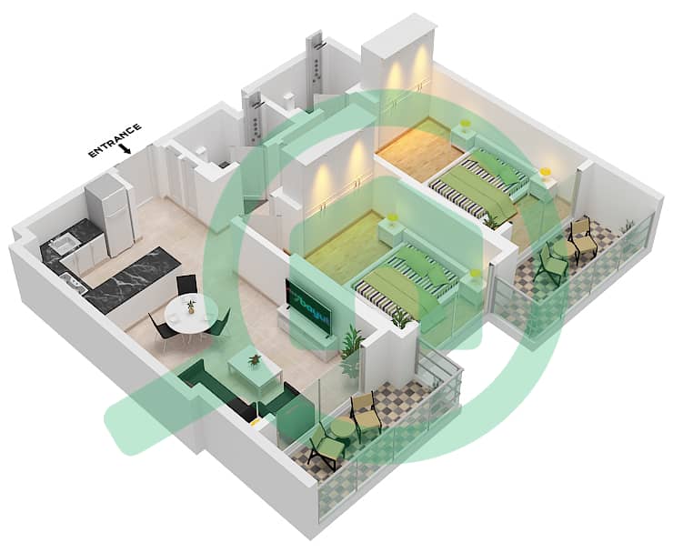 المخططات الطابقية لتصميم النموذج 1 شقة 2 غرفة نوم - عزيزي العنبر Floor 1-8 interactive3D