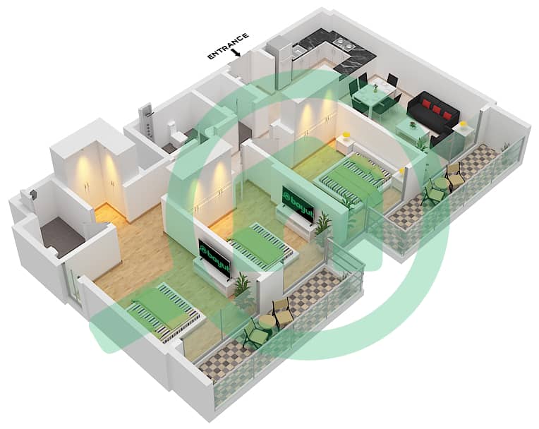 المخططات الطابقية لتصميم النموذج 1 شقة 3 غرف نوم - عزيزي العنبر Floor 1-8 interactive3D