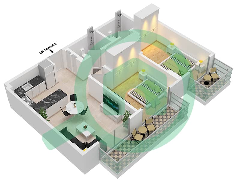 Azizi Amber - 2 Bedroom Apartment Type 2 Floor plan Floor 1-8 interactive3D