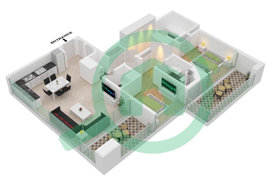 المخططات الطابقية لتصميم الوحدة 04 FLOOR 2-15, 17-35 شقة 2 غرفة نوم - داون تاون فيوز 2 برج 2 Unit 04 Floor 2-15, 17-35 interactive3D