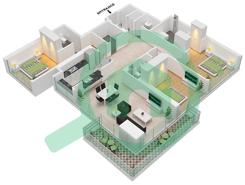 1 Residences - 3 Bedroom Apartment Type B-2 Floor plan interactive3D