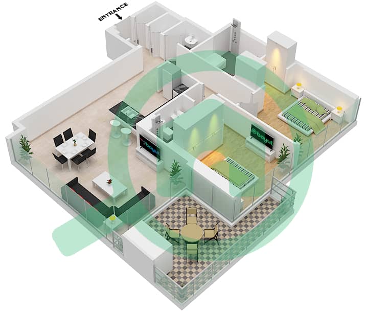1 Residences - 2 Bedroom Apartment Type B-2 Floor plan interactive3D