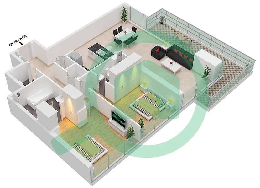 1 Residences - 2 Bedroom Apartment Type C-1 Floor plan interactive3D