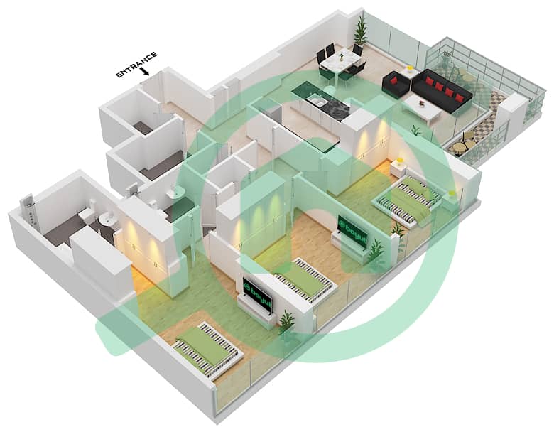 1 Residences - 3 Bedroom Apartment Type C-1 Floor plan interactive3D