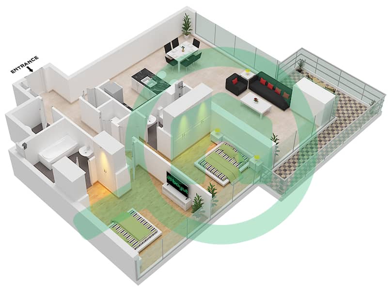 1 Residences - 2 Bedroom Apartment Type C-2 Floor plan interactive3D