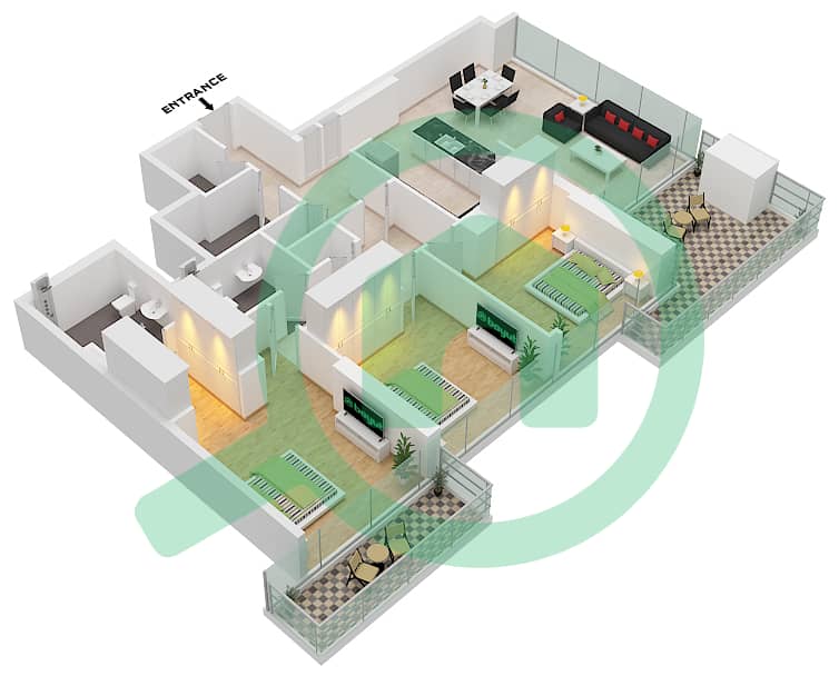 1 Residences - 3 Bedroom Apartment Type C-2 Floor plan interactive3D
