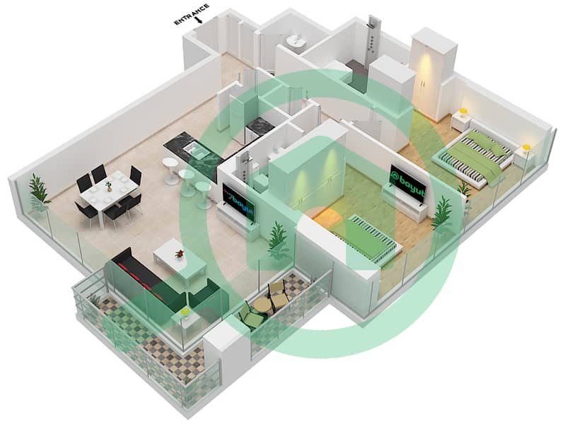 1 Residences - 2 Bedroom Apartment Type D-1 Floor plan interactive3D