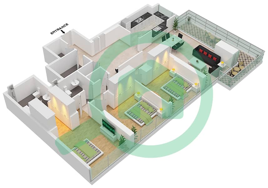 1 Residences - 3 Bedroom Apartment Type D-1 Floor plan interactive3D