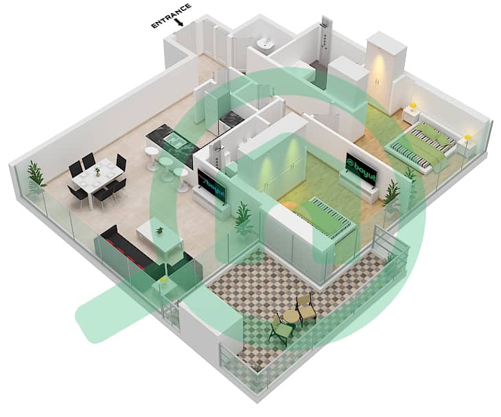 第一公寓 - 2 卧室公寓类型D-2戶型图 interactive3D