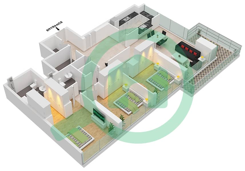 1 Residences - 3 Bedroom Apartment Type D-2 Floor plan interactive3D