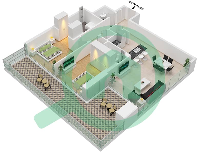 1 Residences - 2 Bedroom Apartment Type D-4 Floor plan interactive3D