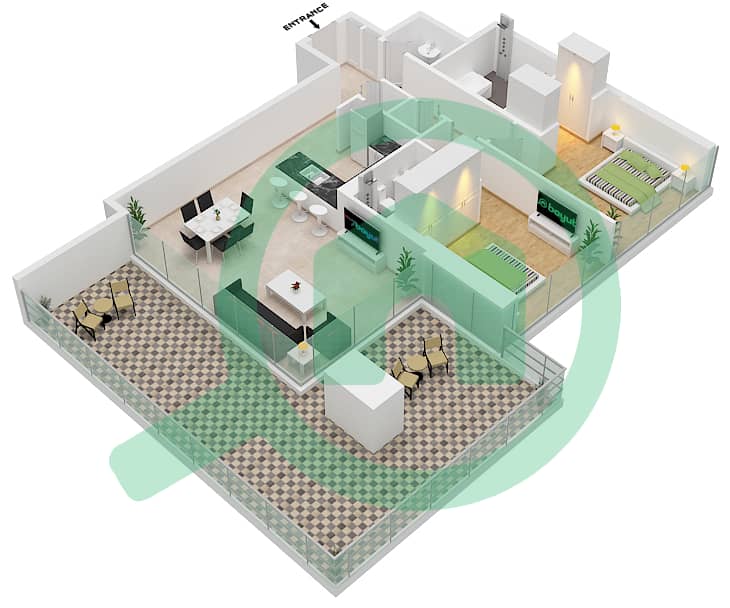 المخططات الطابقية لتصميم النموذج D-5 شقة 2 غرفة نوم - 1 ريسيدينسيس interactive3D