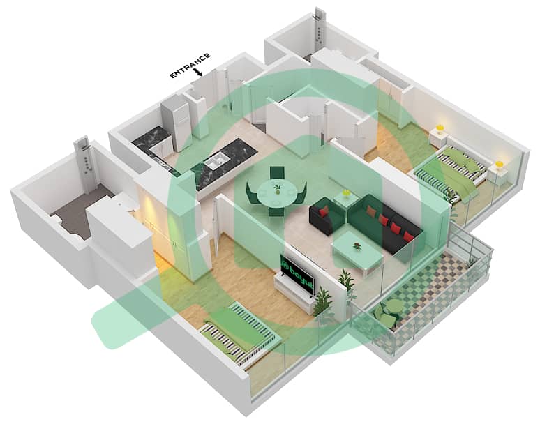 1 Residences - 2 Bedroom Apartment Type E-1 Floor plan interactive3D