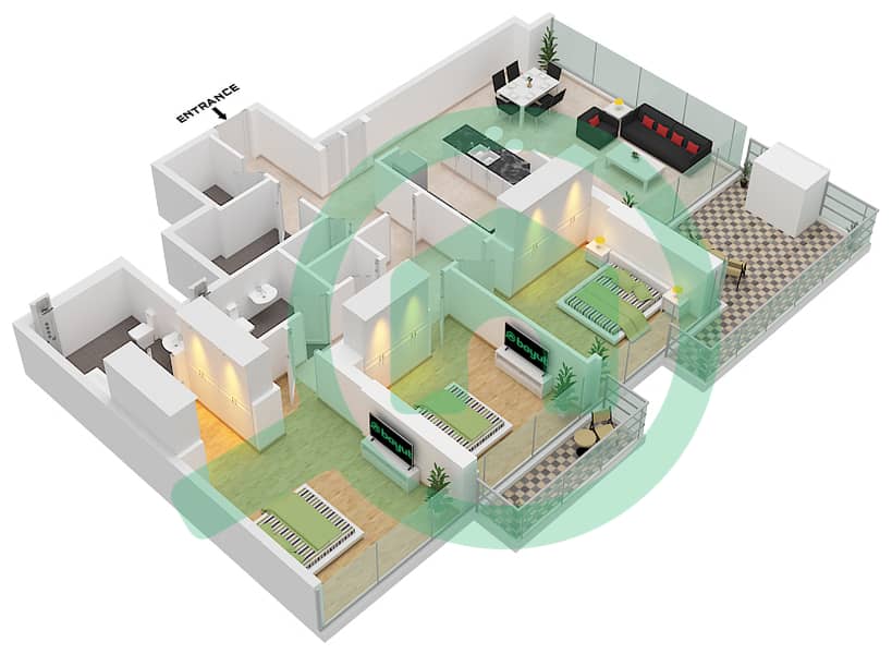 المخططات الطابقية لتصميم النموذج E-1 شقة 3 غرف نوم - 1 ريسيدينسيس interactive3D
