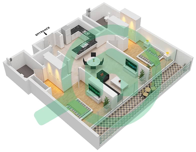 1 Residences - 2 Bedroom Apartment Type E-2 Floor plan interactive3D