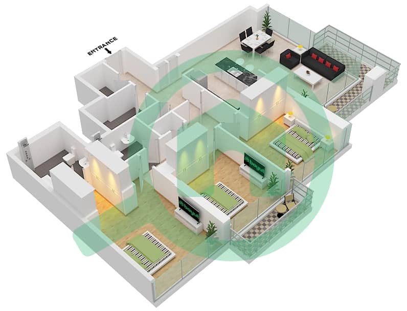 1 Residences - 3 Bedroom Apartment Type E-2 Floor plan interactive3D