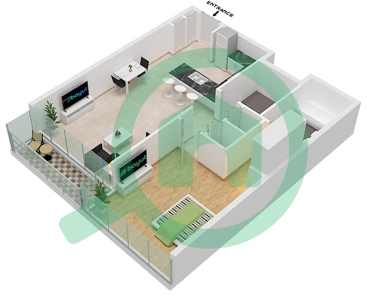 1 Residences - 1 Bedroom Apartment Type F-01 Floor plan interactive3D