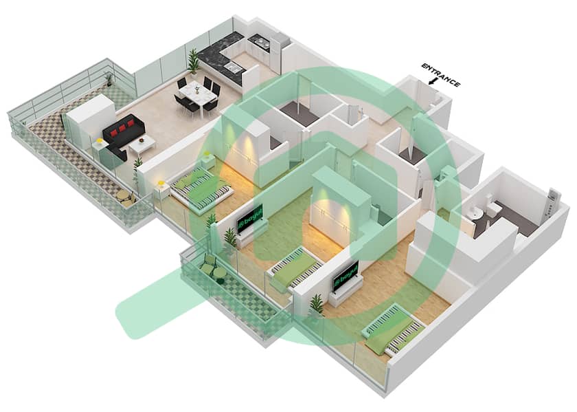 1 Residences - 3 Bedroom Apartment Type F-1 Floor plan interactive3D