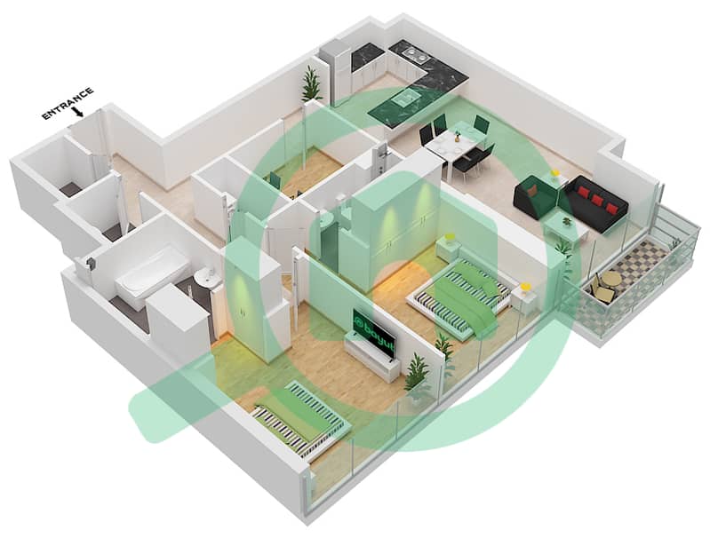 1 Residences - 2 Bedroom Apartment Type F-1 Floor plan interactive3D