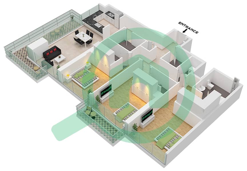 1 Residences - 3 Bedroom Apartment Type F-2 Floor plan interactive3D