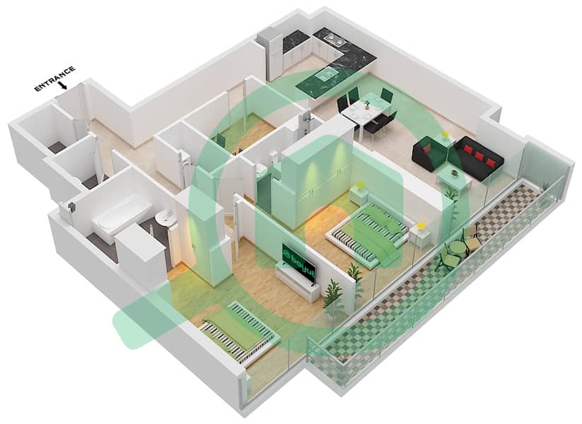 1 Residences - 2 Bedroom Apartment Type F-2 Floor plan interactive3D