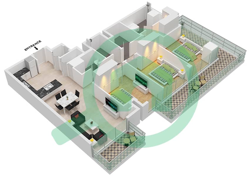 第一公寓 - 3 卧室公寓类型G-1戶型图 interactive3D