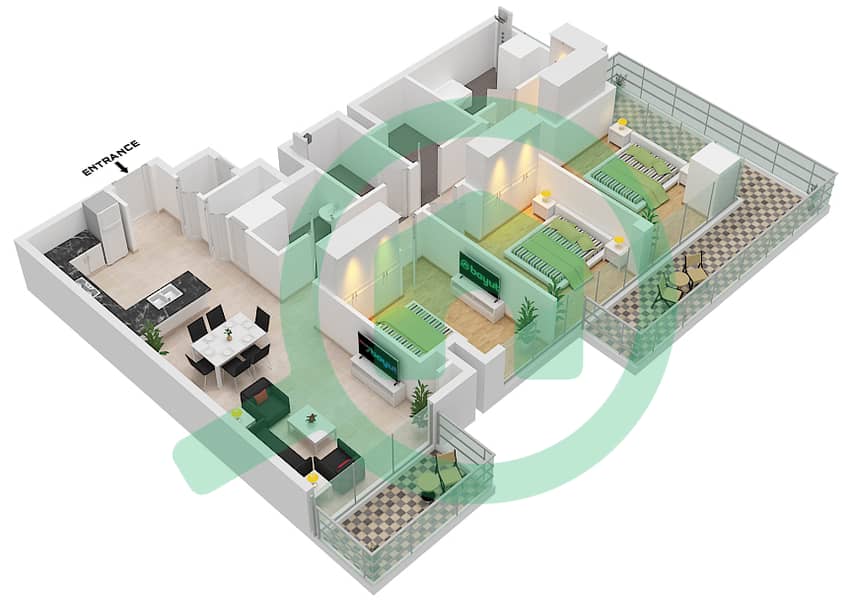 1 Residences - 3 Bedroom Apartment Type G-2 Floor plan interactive3D