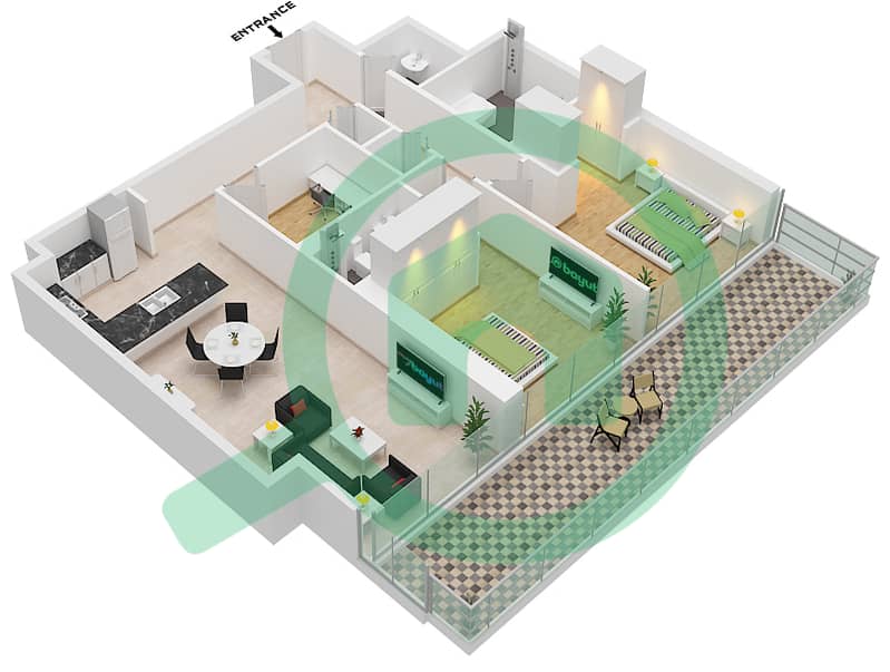 1 Residences - 2 Bedroom Apartment Type G-2 Floor plan interactive3D