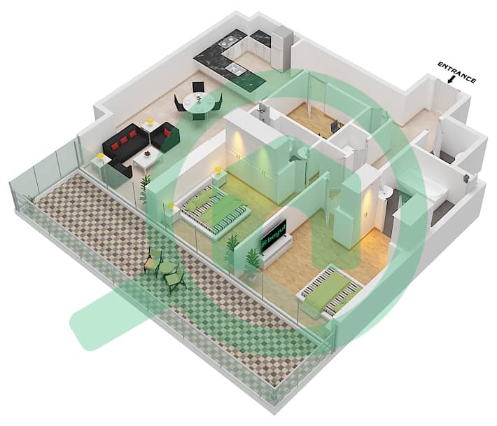 1 Residences - 2 Bedroom Apartment Type G-3 Floor plan interactive3D