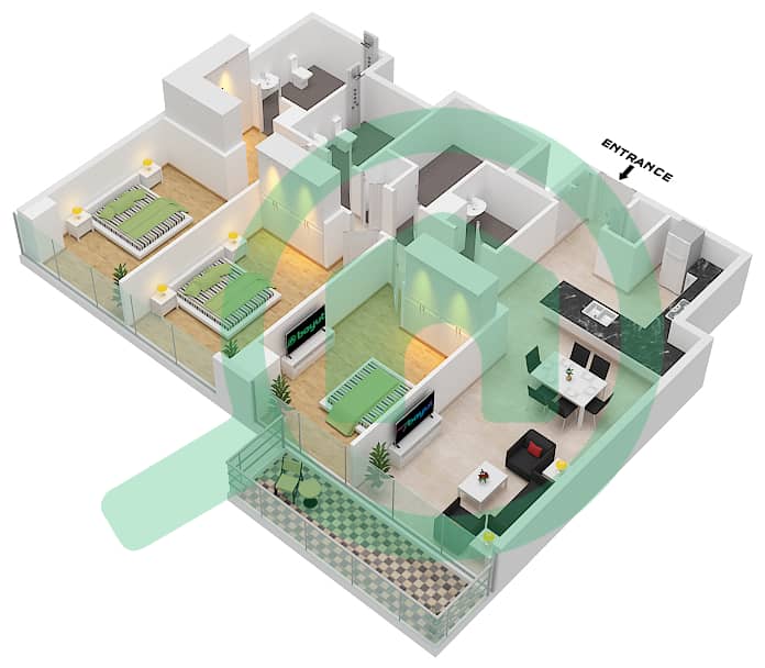 1 Residences - 3 Bedroom Apartment Type H-1 Floor plan interactive3D